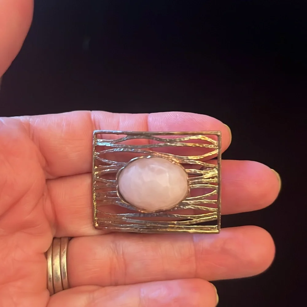 VTG Sterling Silver Modernist Brooch | Faceted Rose Quartz Stone Pin